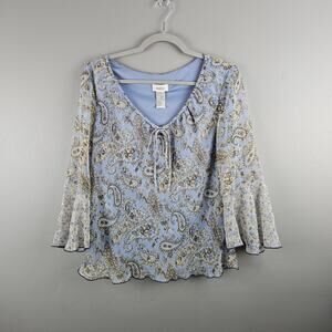 Y2K Boho Blue Paisley Tie Front Blouse Bell Sleeve Size 14